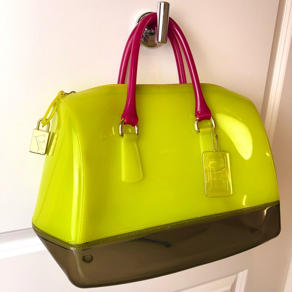 Furla Candy‎ Bag Neon Multicolor Jelly Satchel Rubber Rare Padlock Italy